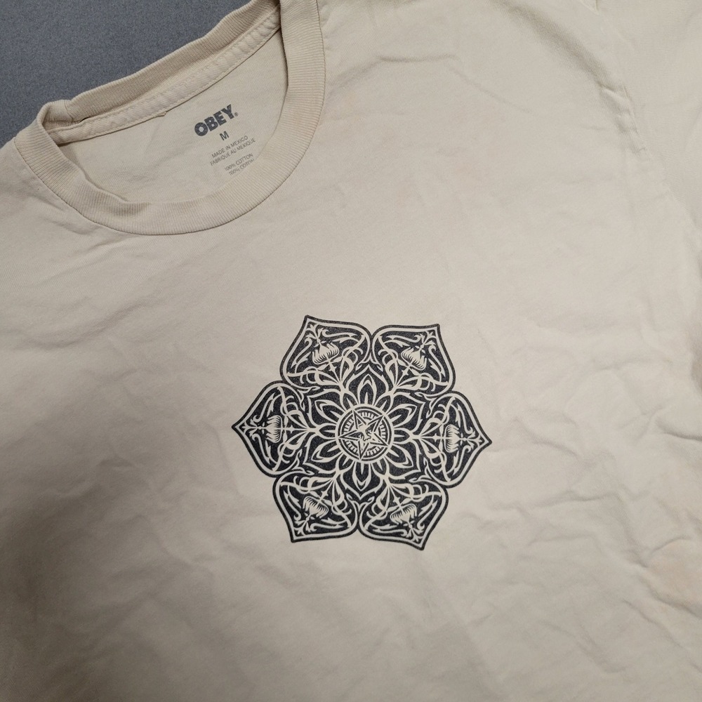 Obey Mens Medium Cream Graphic T-Shirt Mandala Streetwear Boxy Fit Off-White